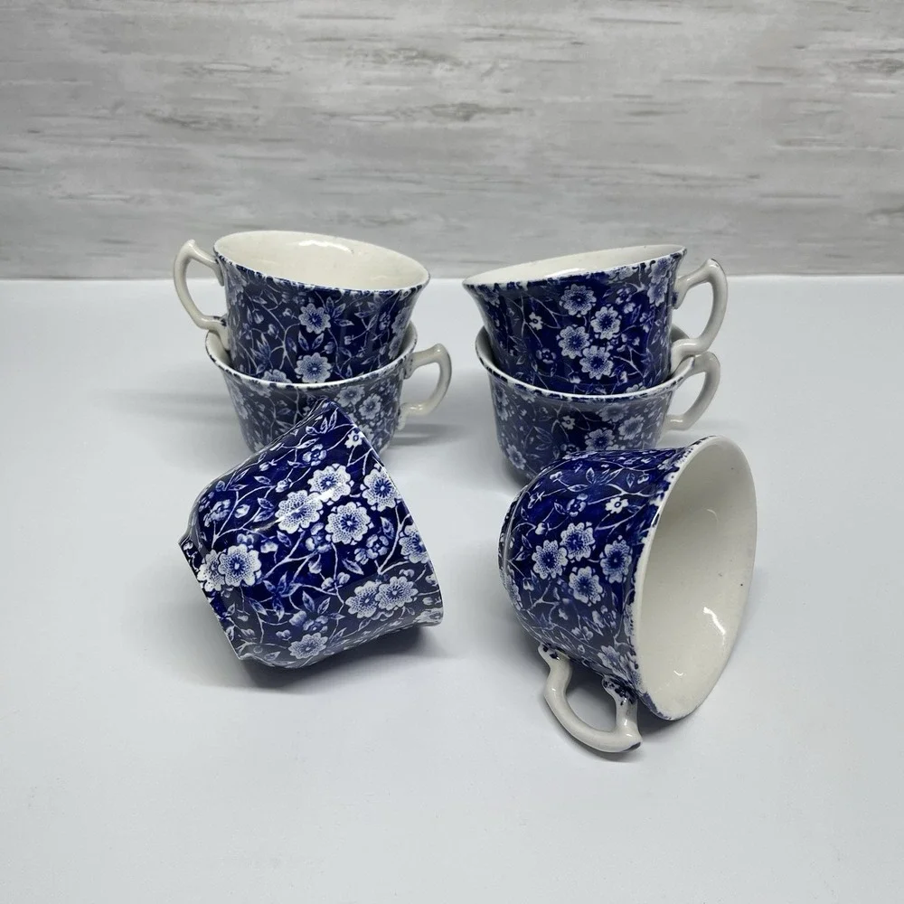 Vintage Crownford Staffordshire Blue Calico Lot Of 6 Teacups England‎ Ironstone